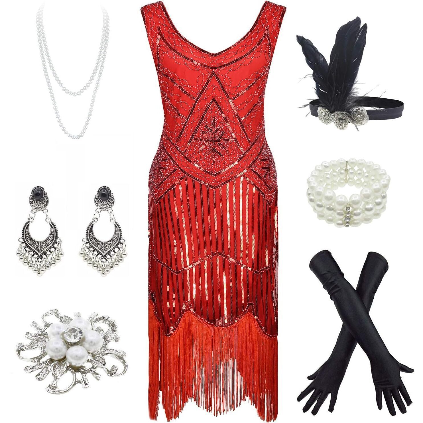 8849 1920s Gatsby Fringed Paisley Plus Size Flapper Dress